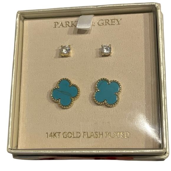 Parker & Grey Earring Set Turquoise Clover  Rhinestone 14kt Gold Plated - Picture 1 of 2